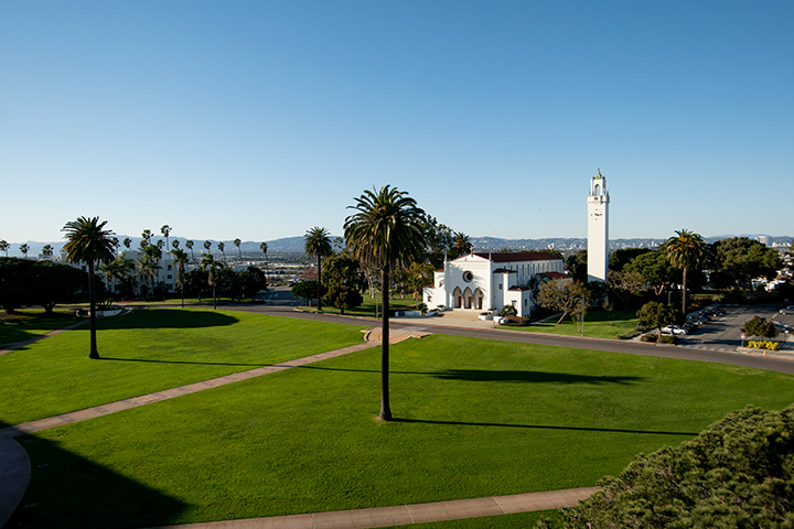 Aerial view of Sacred Heart Chapel and Sunken Garden